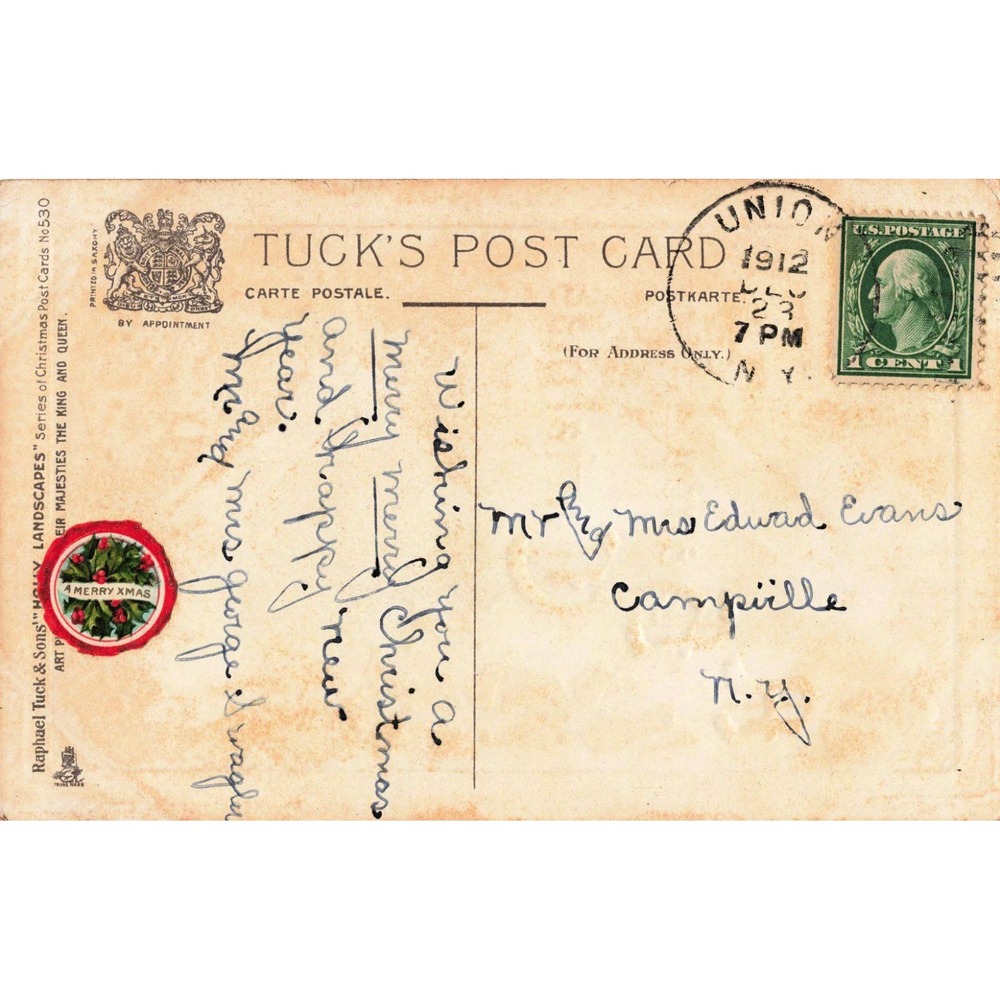 Antique Raphael Tuck & Sons Christmas Postcard Holly Landscapes 530 1912 Stamp - Picture 2 of 2